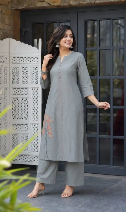 Grey Embroidered Modal Cotton Kurta Pant Set