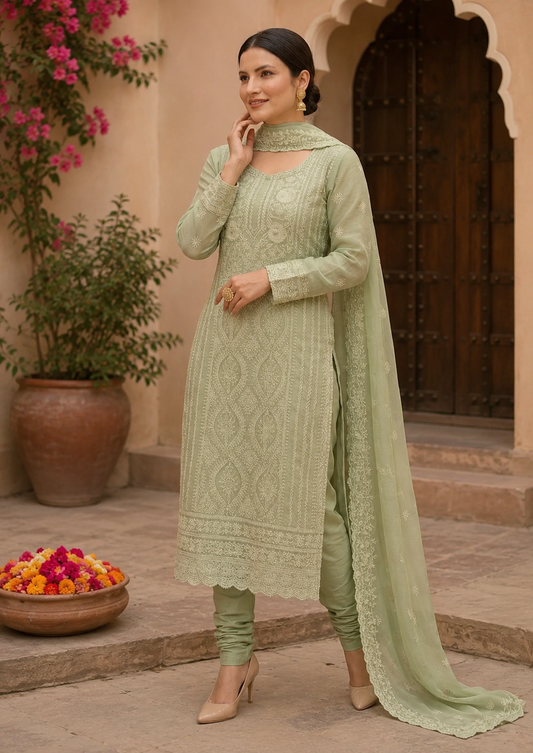 Semi-Stitched Soft Pastel Mint Green Organza Suit With Intricate White Thread And Golden Sequin Embroidery