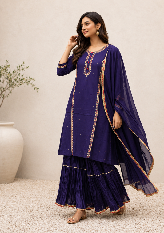 Royal blue silk kurta sharara set with embroidered detailing and chiffon dupatta