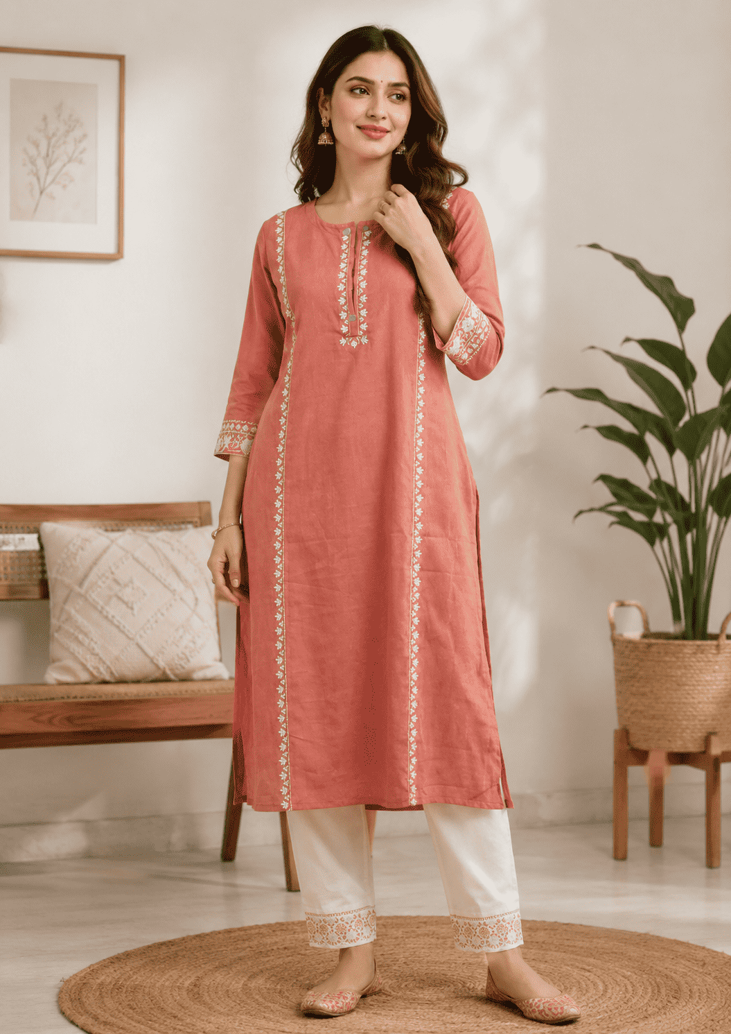 Peach cotton aari embroidered kurta with white cotton pant set