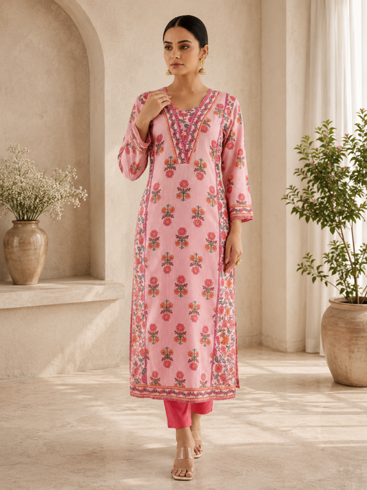 Pink Floral Cotton Kurta Pant Set