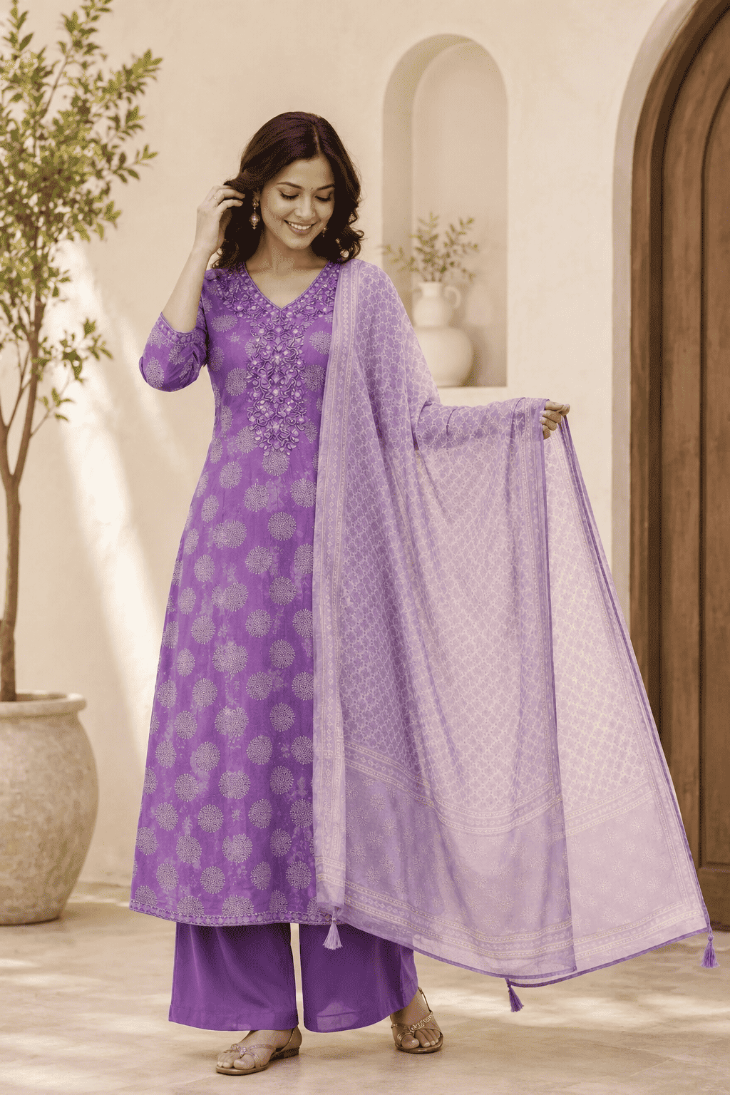 Lavender Cotton Bagru Handblock Kurta Set With Matching Dupatta