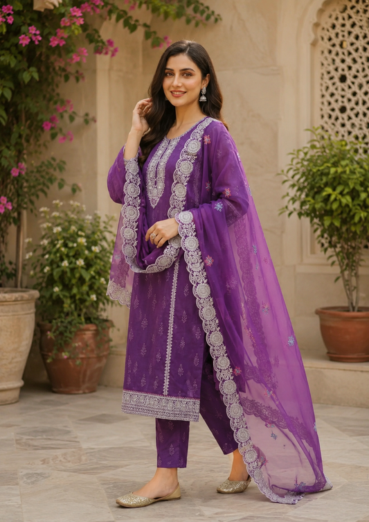 Plum-Purple Semi-Stitched With Multicolour Embroidery Lightweight Organza Suit Set With Dupatta