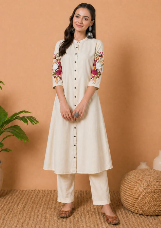 Off white kurta with red embroidery and pant set