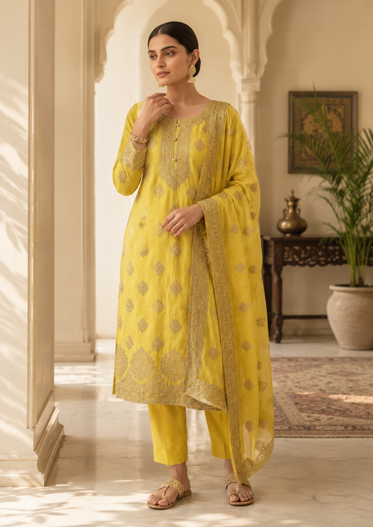 Semi-Stitched Fresh Lime-Yellow Ornate Golden Zari And Sequin Work Tissue Silk Suit With Dupatta