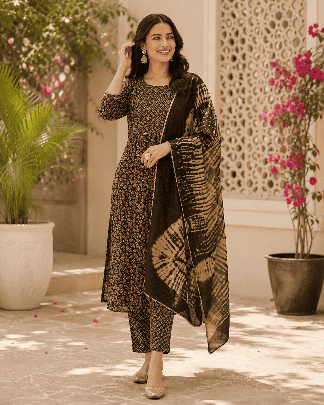 Black Printed Cotton Kurta Set With Tie And Dye Dupatta