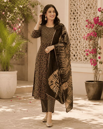 Black Printed Cotton Kurta Set With Tie And Dye Dupatta
