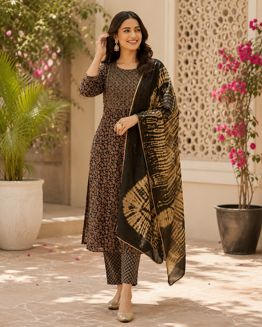 Black Printed Cotton Kurta Set With Tie And Dye Dupatta