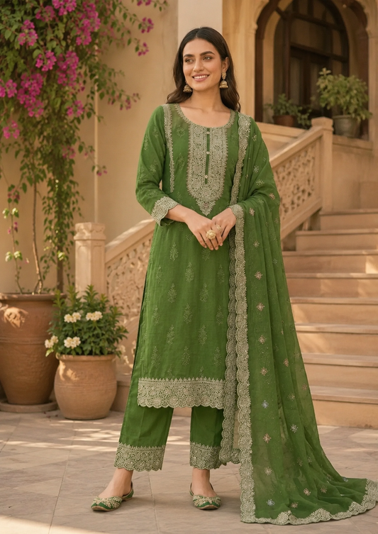 Bottle Green Semi-Stitched With Embroidery Chiffon Suit Set With Dupatta