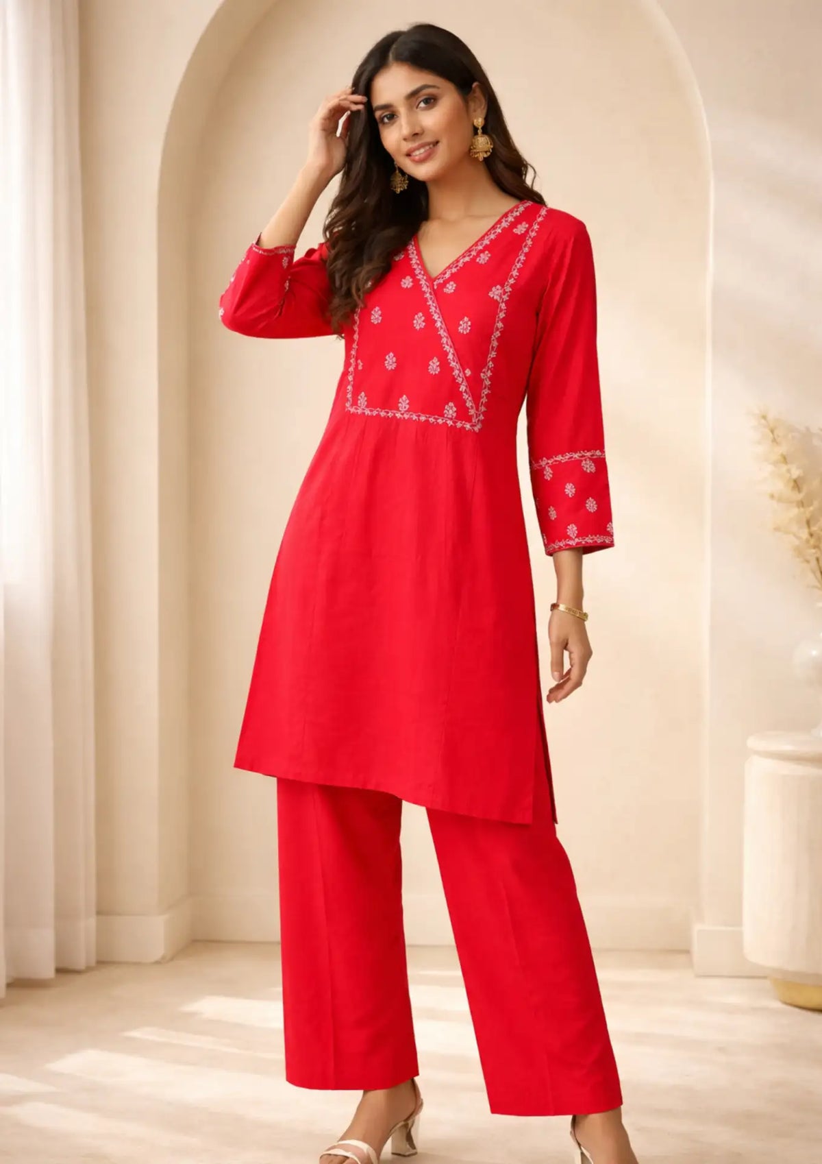 Red with Embroidered Soft Silk Blend Kurta Pant Set