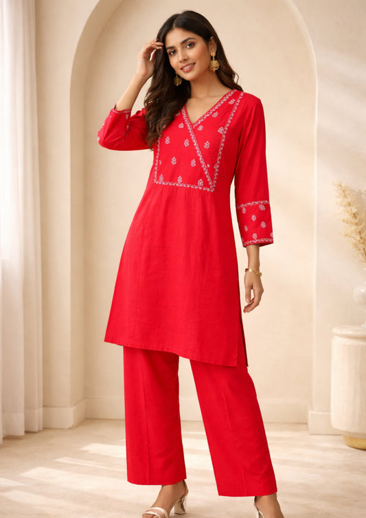 Red with Embroidered Soft Silk Blend Kurta Pant Set
