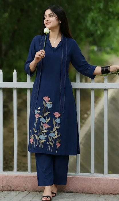Navy Blue Modal Cotton Embroidered Kurta Pant Set
