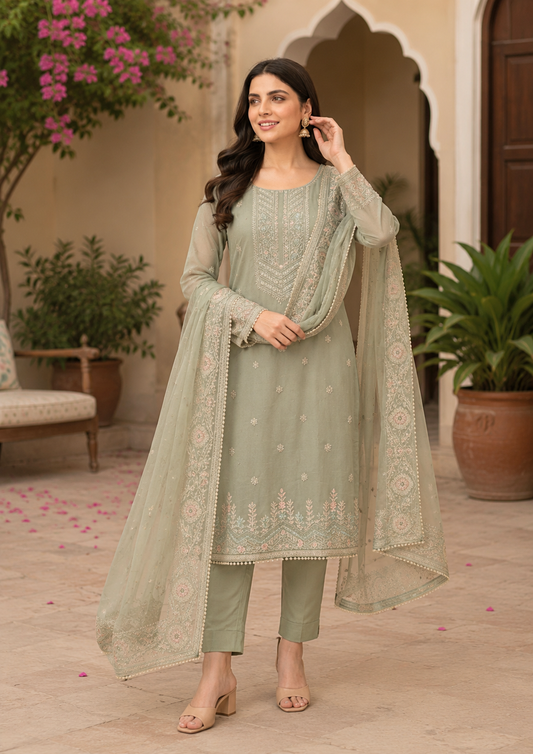 Muted Grey Semi-Stitched Organza With Floral Embroidery Suit Set With Dupatta