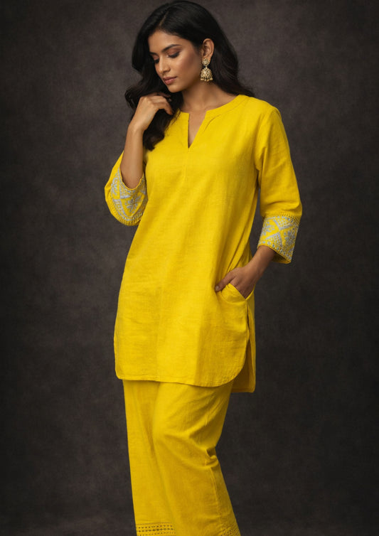 Mustard embroidered sleeves  linen kurta pant set