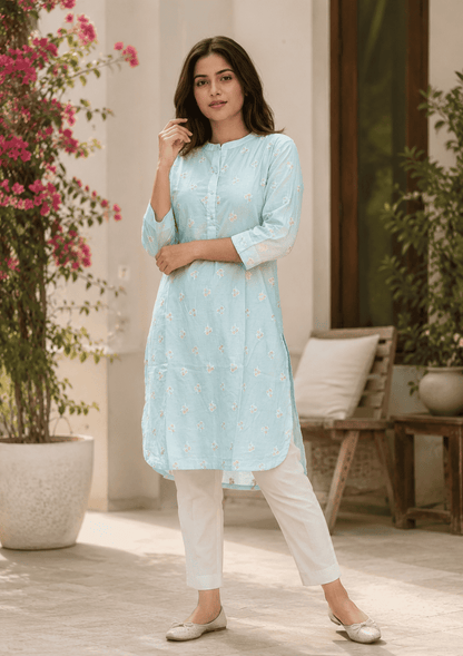 Blue Floral Embroidery Cotton Kurta