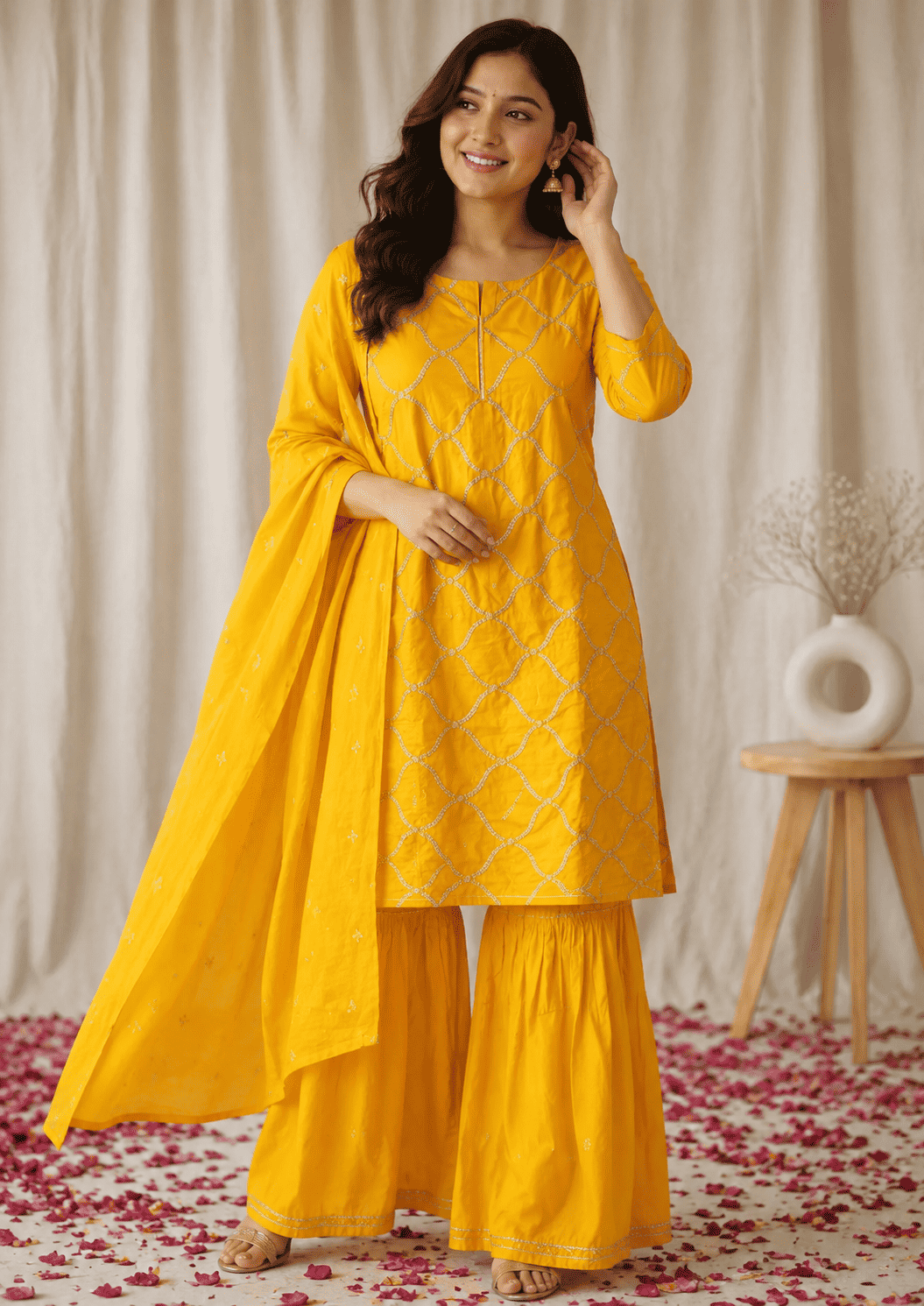 Mustard yellow cotton silk kurta set with embroidered dupatta