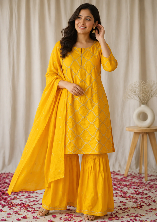 Mustard yellow cotton silk kurta set with embroidered dupatta