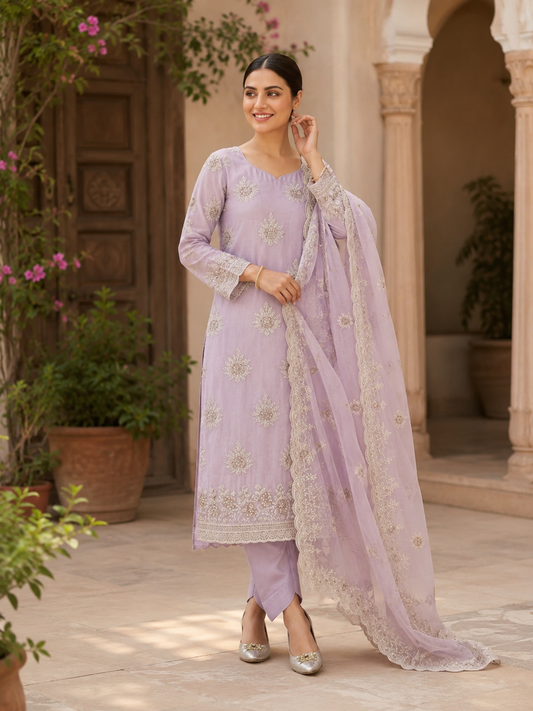Semi-Stitched Mauve Lilac Chiffon Suit With Heavy Floral Sequin Border Detailing