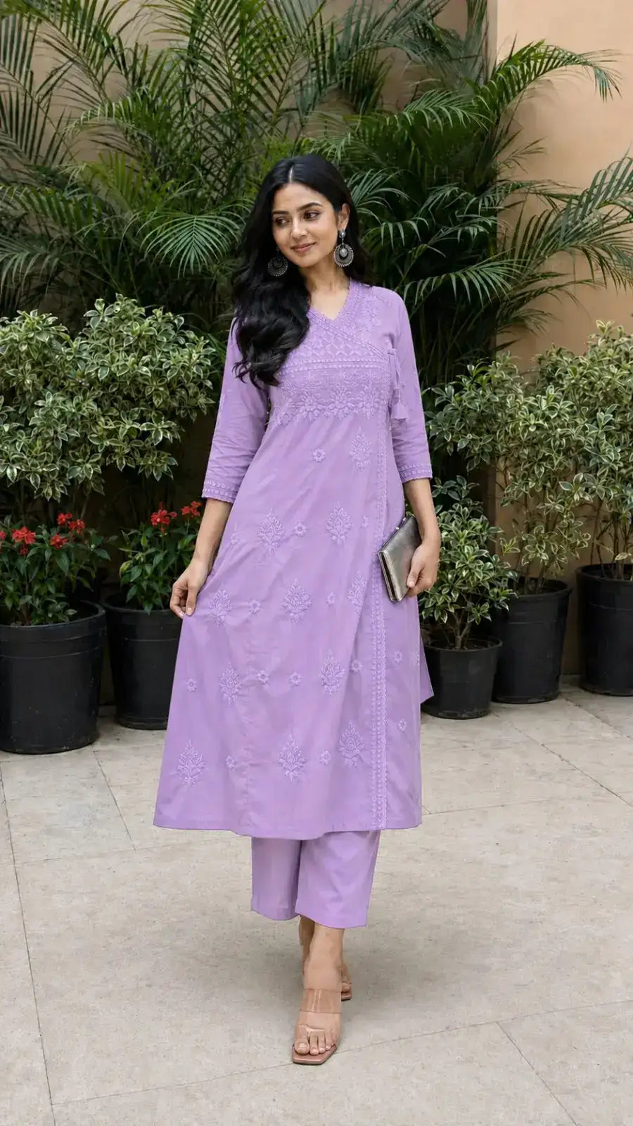 Purple Cotton Blend Angrakha Style Chikankari Kurta With Pant