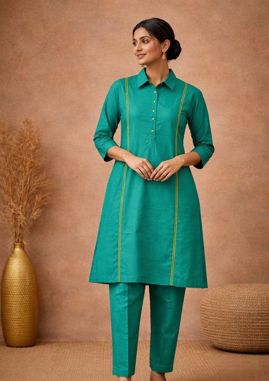 Teal linen with lime piping shirt collar kurta pant set