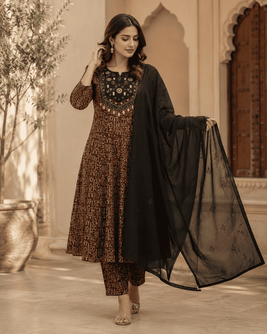 Brown Printed Cotton Anarkali Suit With Solid Black Dupatta