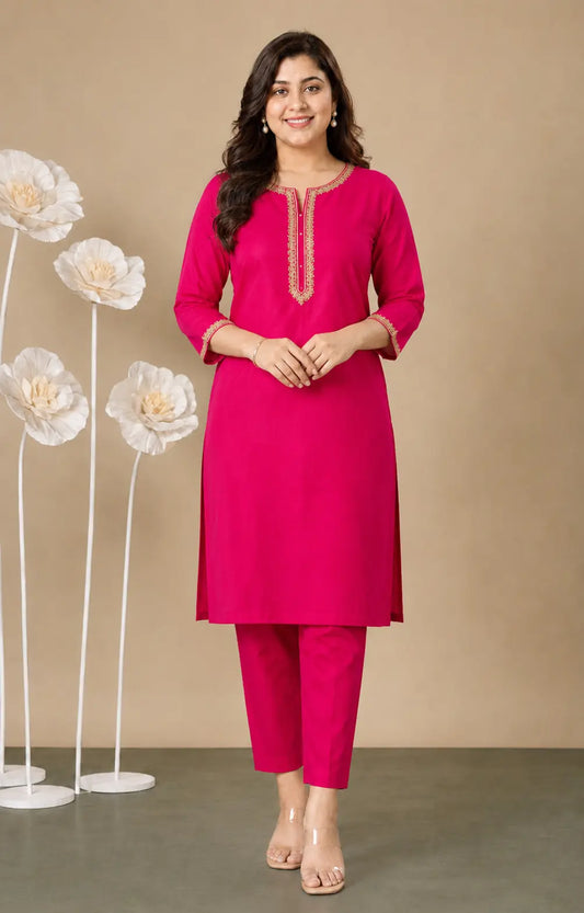 Rani Pink embroidered round neck silk kurta pant set