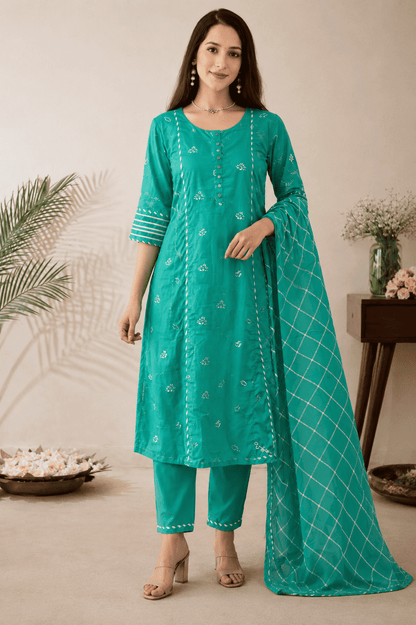 Green Silk embroidered Kurta Pant Set with dupatta
