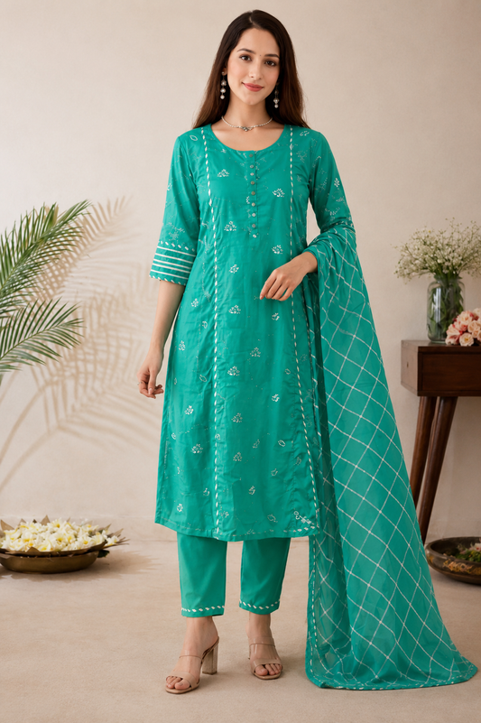 Green Silk embroidered Kurta Pant Set with dupatta