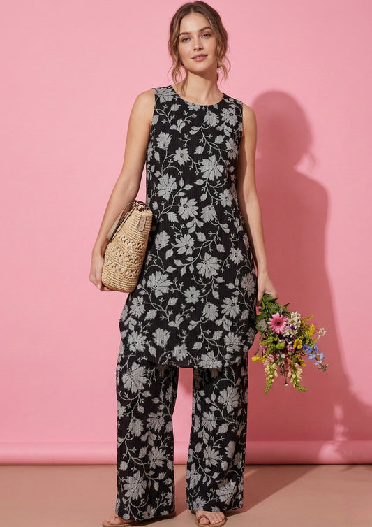 Black cotton kurta pant set with white floral print