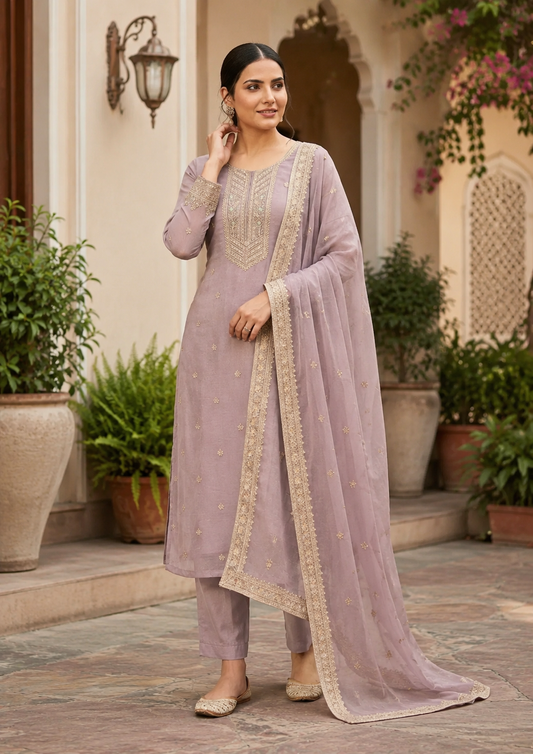 Lilac Semi-Stitched Sheer Organza with Sequins Suit Set With Dupatta