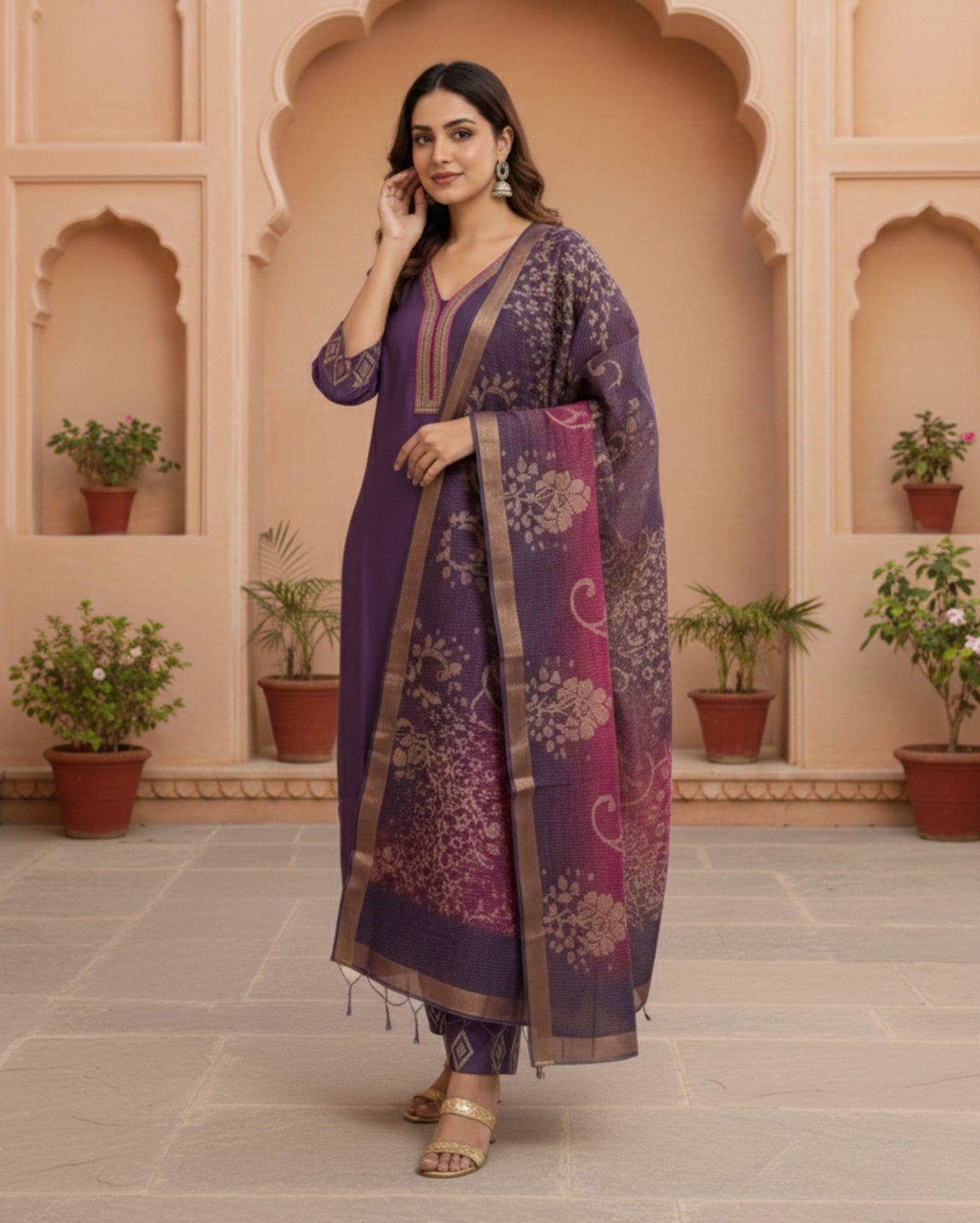 Purple Cotton Mix Kurta Set With Dupatta