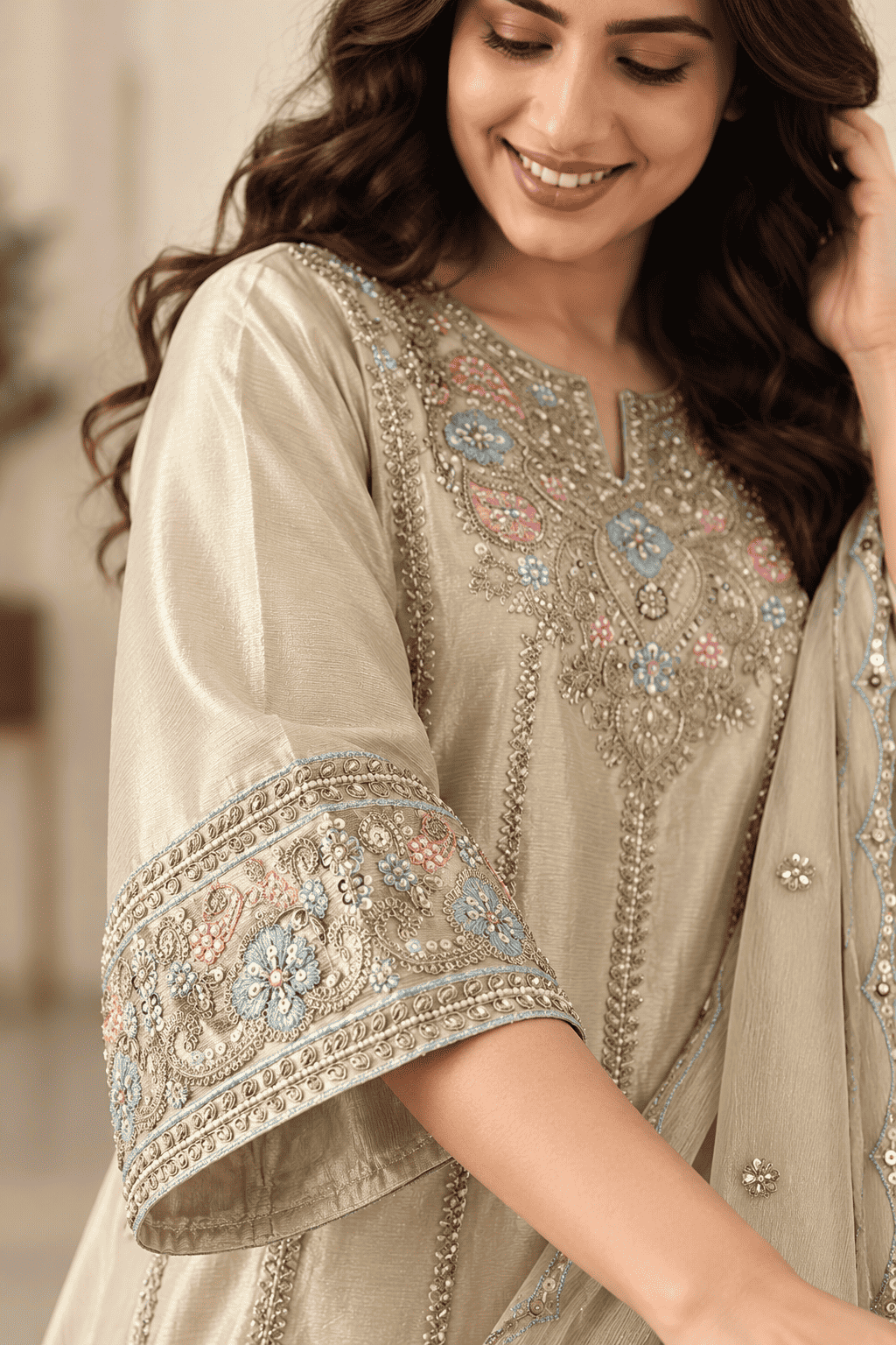 Beige Gold Embroidered Chinon Kurta and Farshi Pant and Dupatta