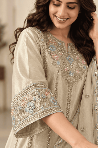 Beige Gold Embroidered Chinon Kurta and Farshi Pant and Dupatta