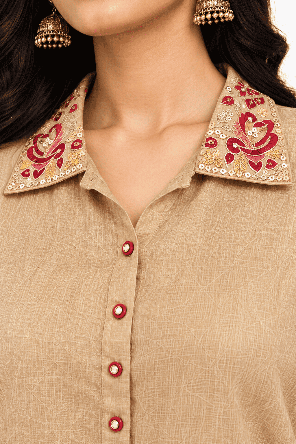 Champagne Beige Embroidered Chinon Kurta Pant Set