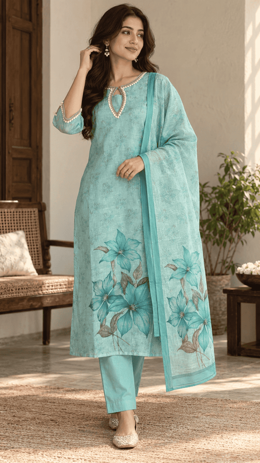 Sky Blue Floral Printed Linen Kurta Pant and Dupatta