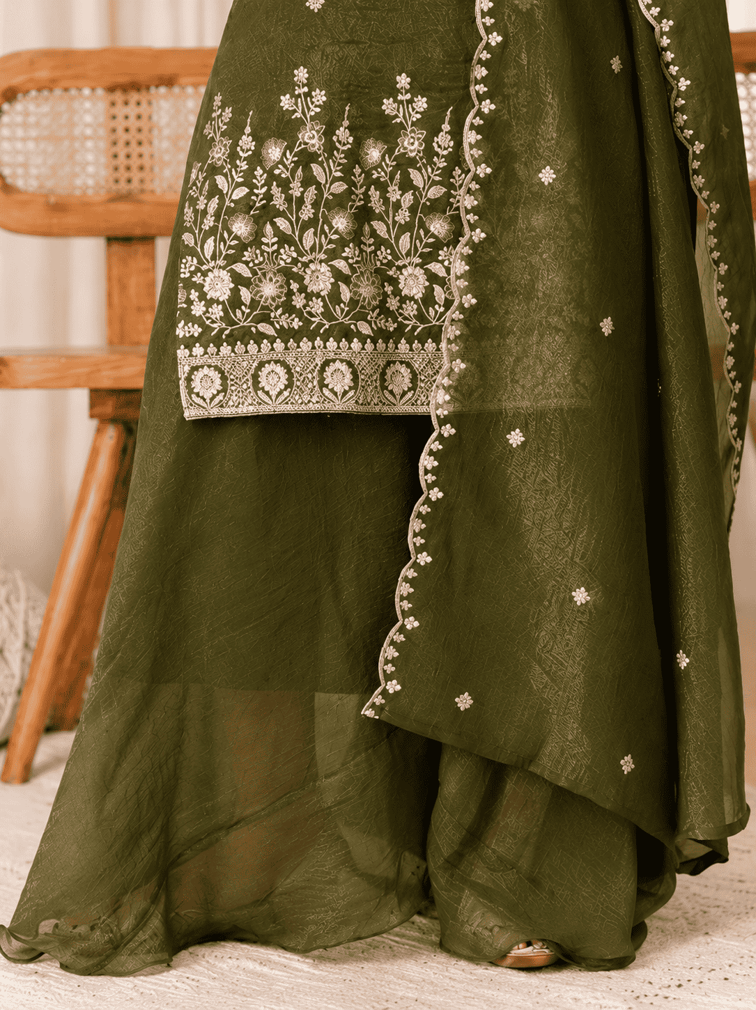 Mehendi Green Rangoli Crush Embroidered Kurta and Wide Palazzo with Dupatta