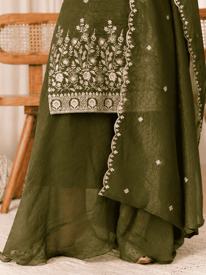 Mehendi Green Rangoli Crush Embroidered Kurta and Wide Palazzo with Dupatta