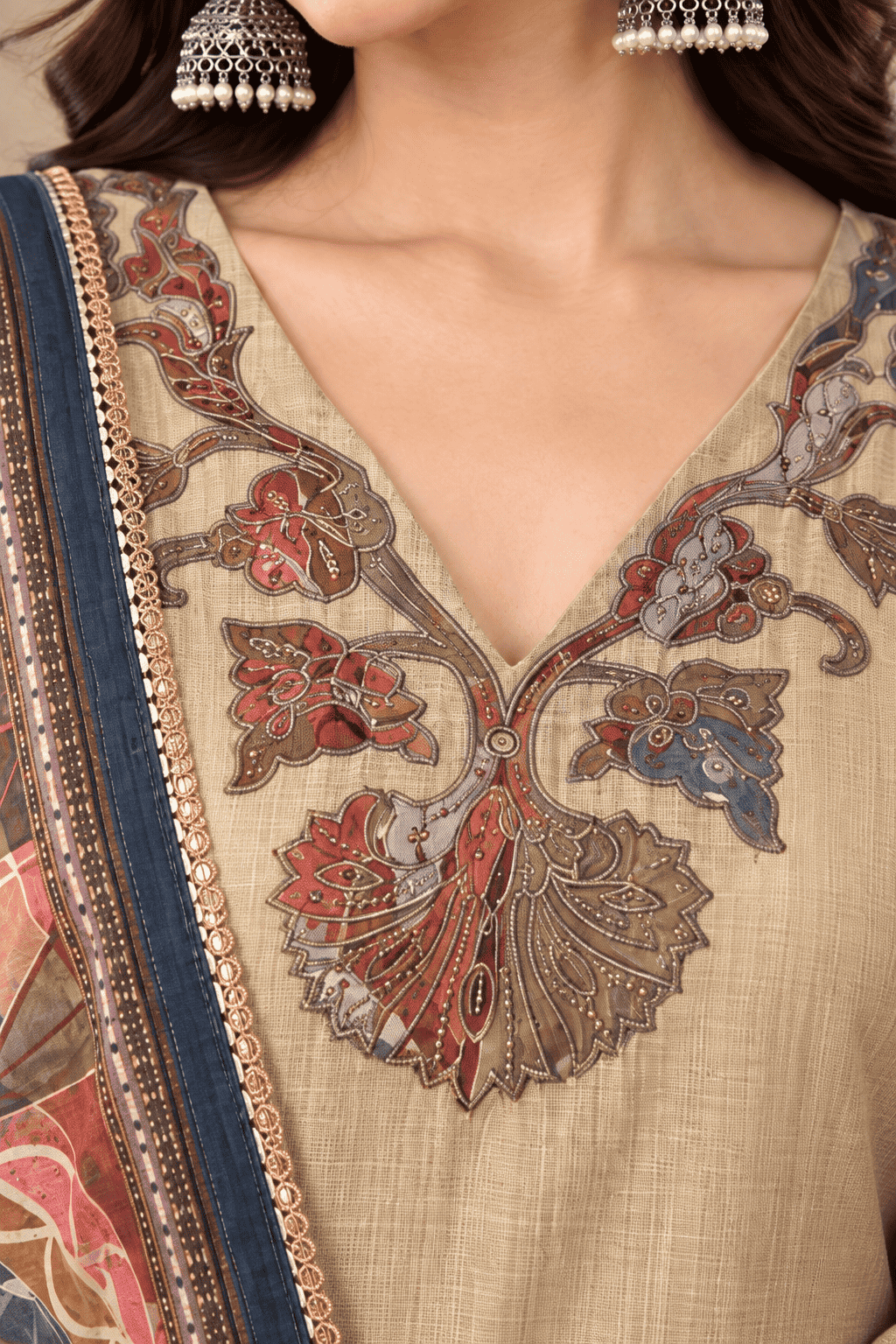 Beige Jamdani Cotton Kurta and Pant With Dupatta