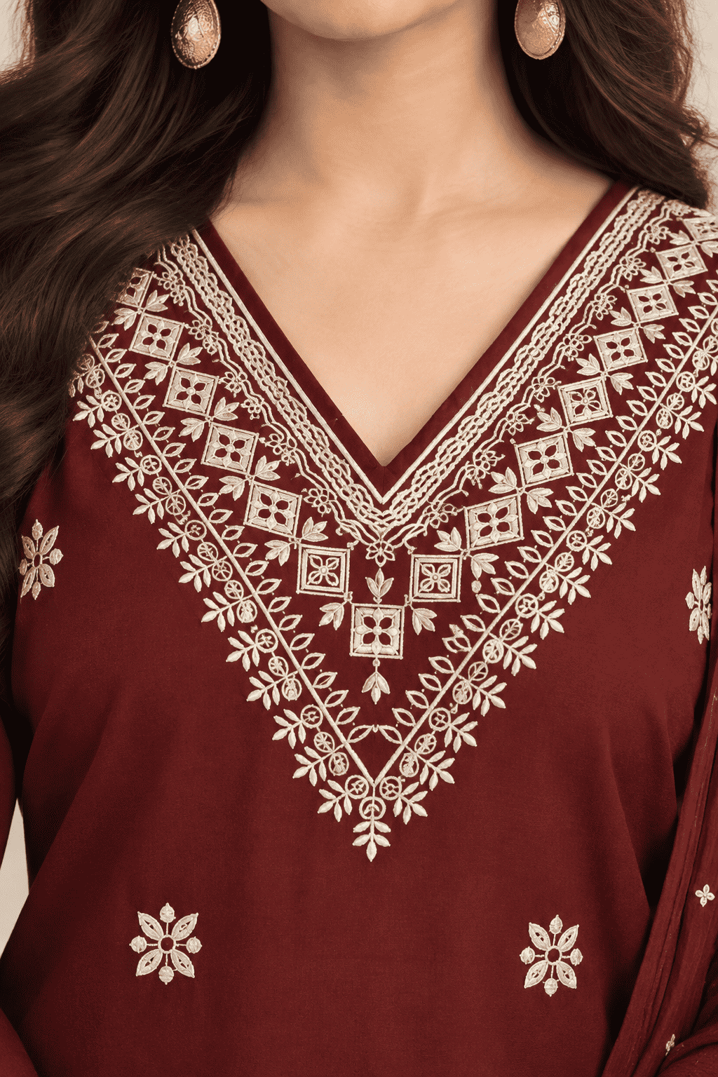 Deep Maroon Embroidered Cotton Blend Kurta Pant and Dupatta