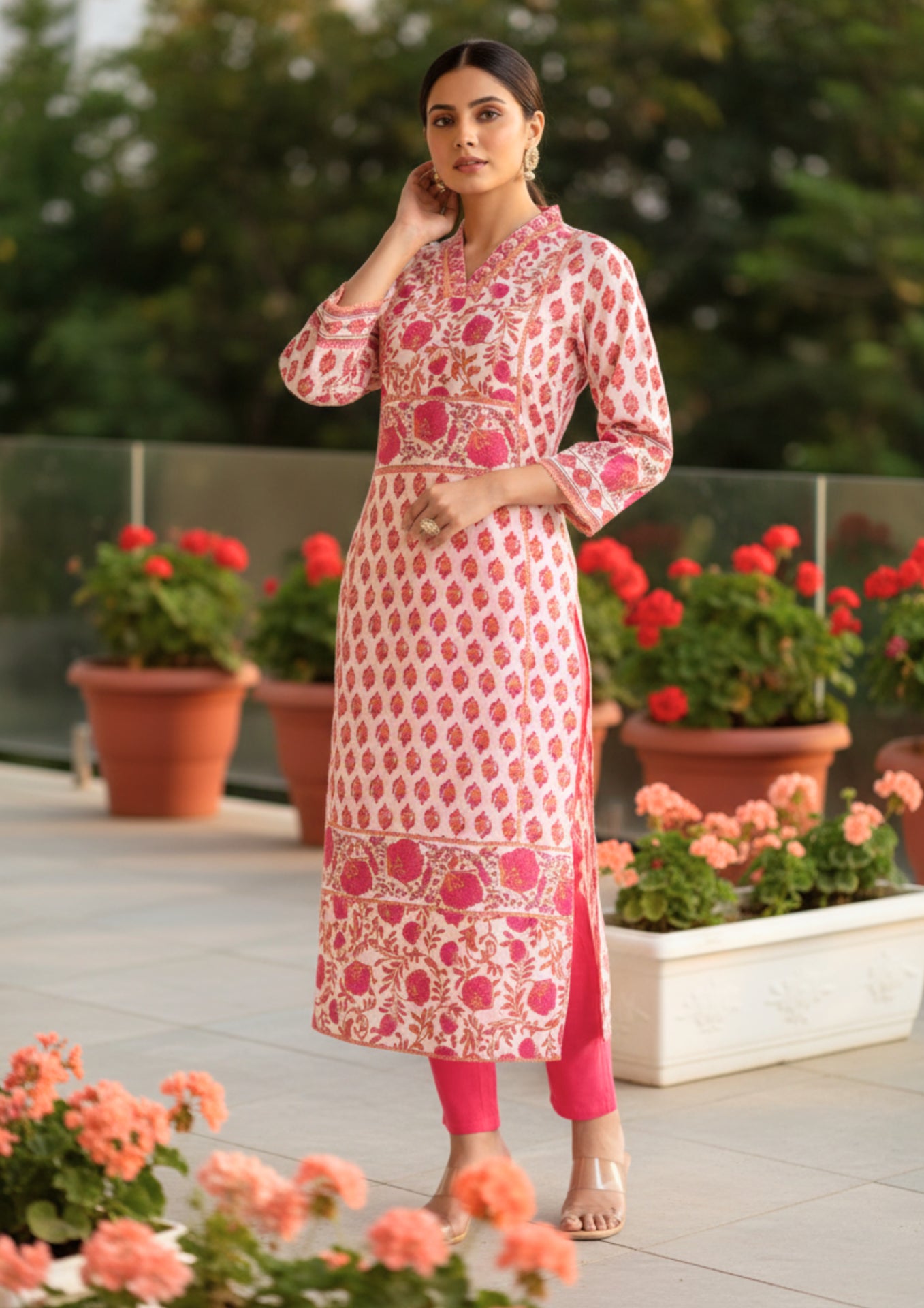 Ivory With Pink Florals Cotton Kurta