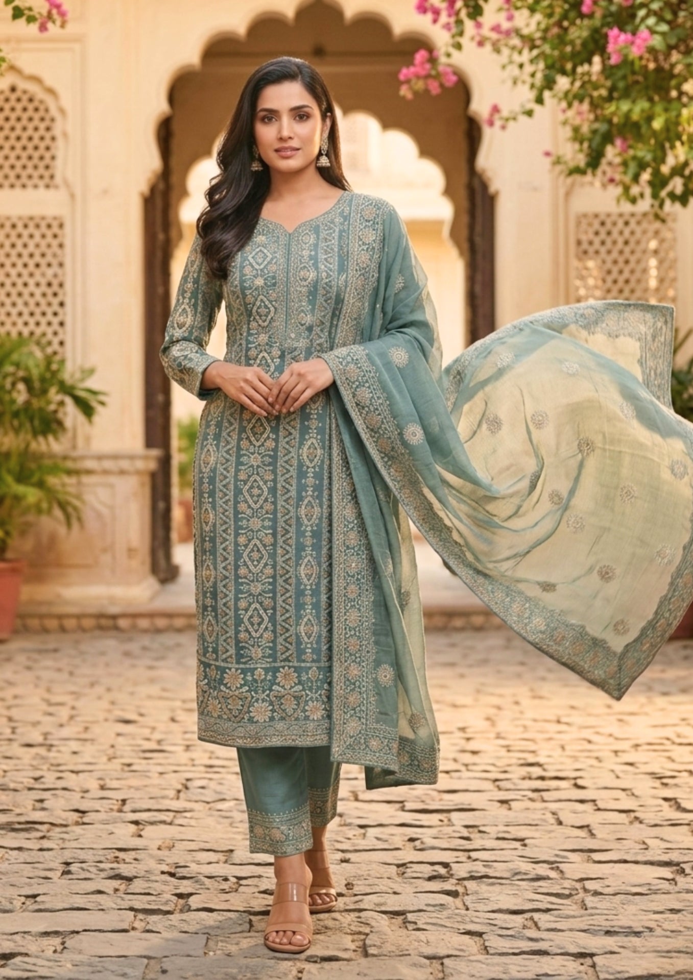 Unstitched Dusty Mustard Olive Green Viscose-Georgette Fabric Adorned With Delicate Ivory Thread Embroidered Suit Material