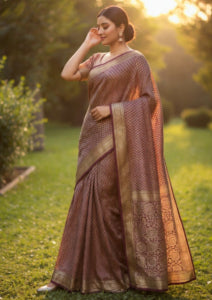Mauve-Plum Banarasi Silk Saree With Intricate Gold Zari Floral Work