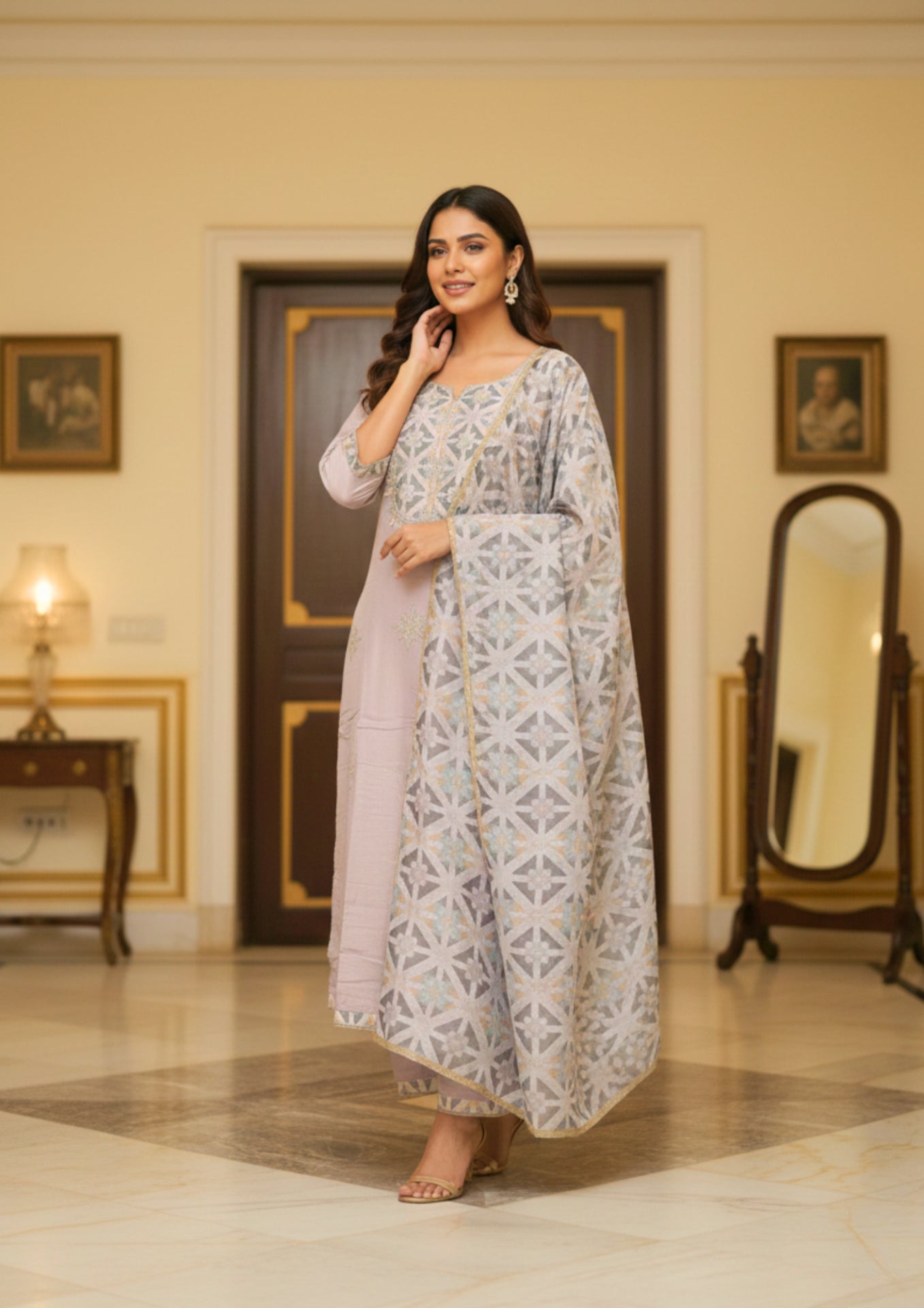 Pastel Geometric Printed Sequin Chinon Kurta Set With Dupatta