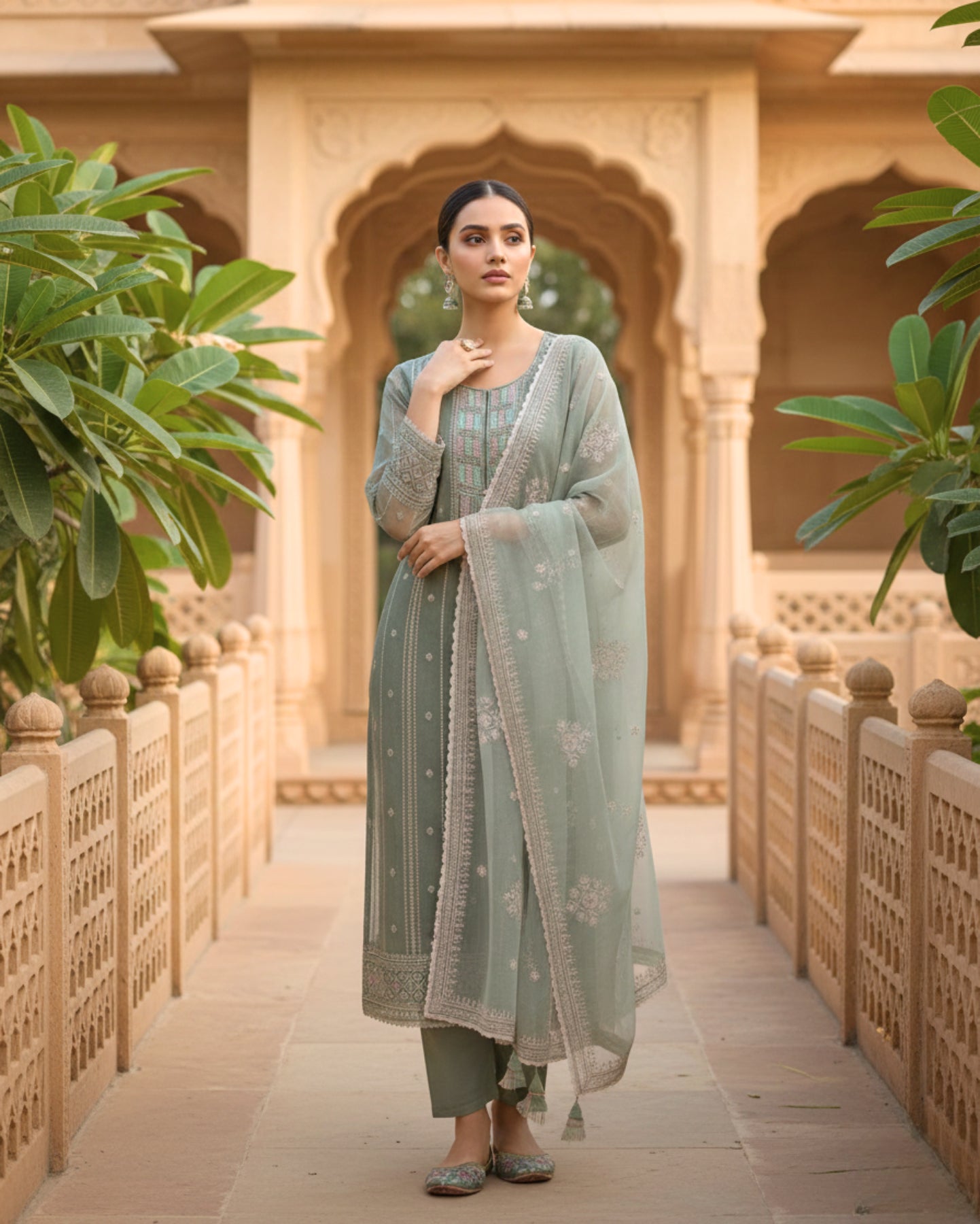 Semi-Stitched Sage Green Sheer Organza With Pastel Zari Embroidered Suit Material