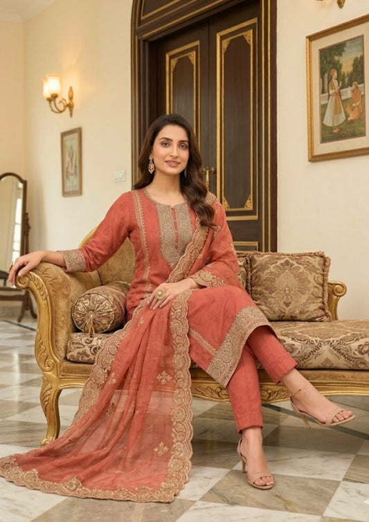 Watermelon Pink Semi-Stitched Tissue Suit Set With Dupatta With Delicate Pastel Sequin Embroidery
