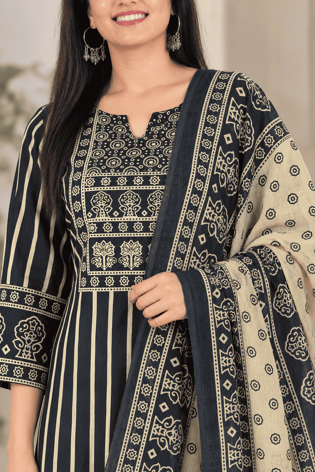 Dark Blue and Ivory Cotton Blend Kurta Pant and Dupatta