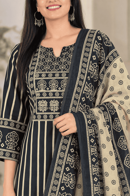 Dark Blue and Ivory Cotton Blend Kurta Pant and Dupatta
