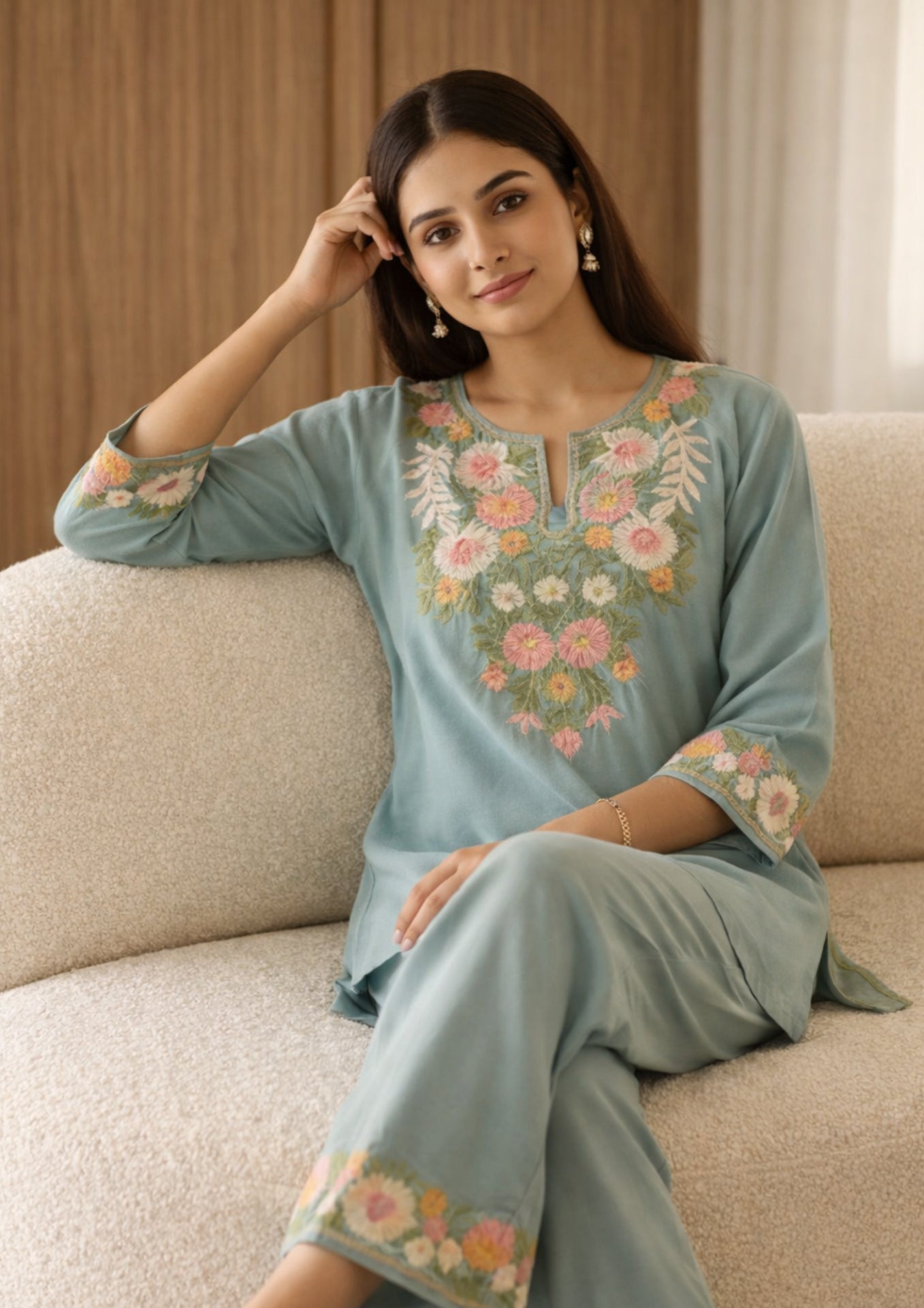Sea Green Embroidered Cotton short Kurta With Straight Pant