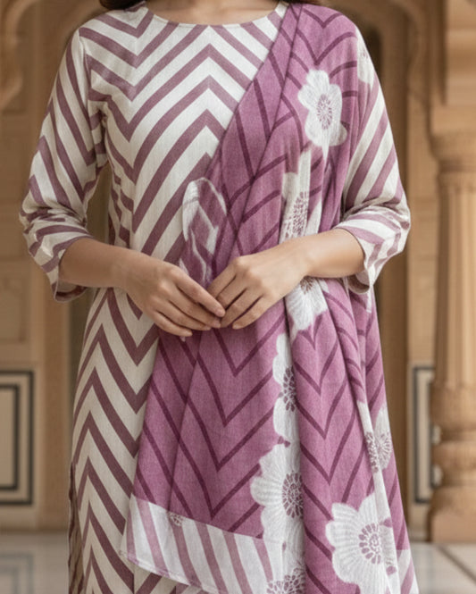 Purple Striped Floral Printed Rayon Kurta Set With Dupatta