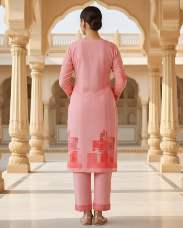 Peach Digital Printed Cotton Kurta Pant Set